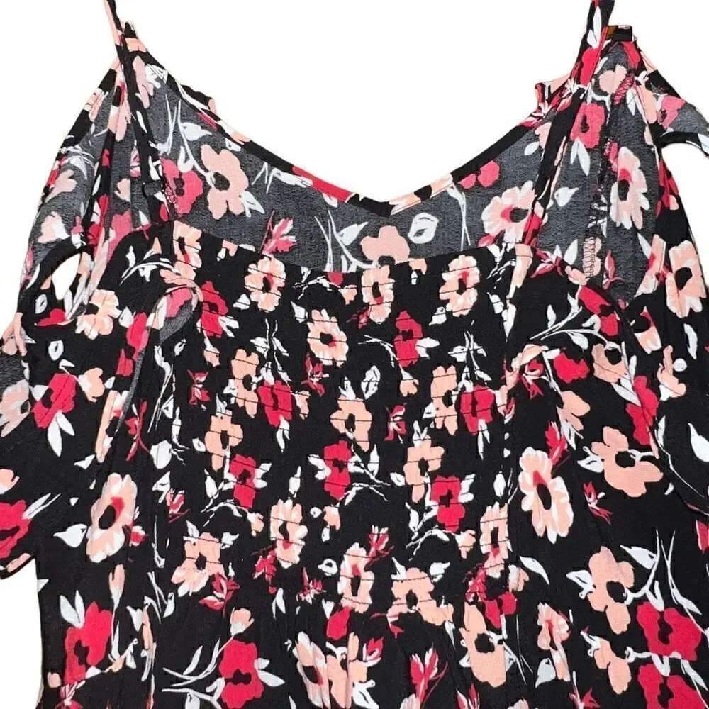EXPRESS Floral Ruffle Red Black ColorBlock Dress W/ Double Slits Size M - Picture 6 of 7
